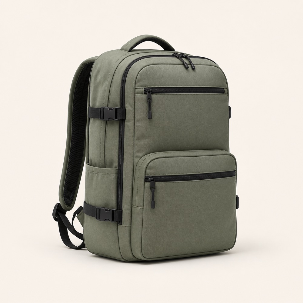 Olive green everyday backpack used in an illustrative storefront demo